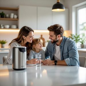 Familie in moderner Küche mit Glas Wasser und Wasserfilter – Symbol für Gesundheitsinvestition Wasserfilter
